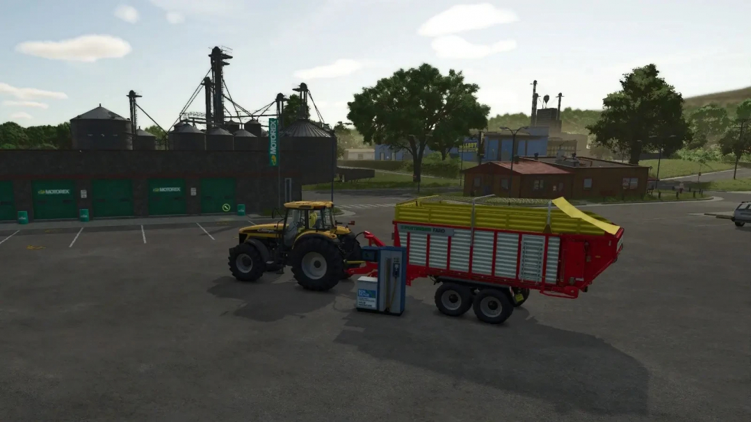 FS25 mod image showing a tractor with a silage additive pump trailer near a storage facility.