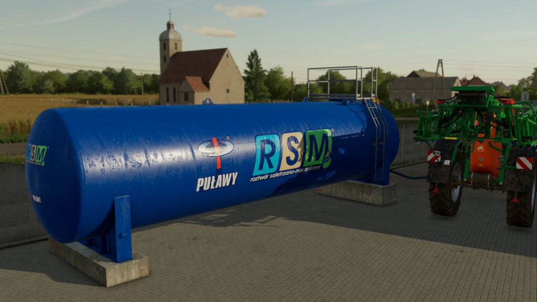 Moduł FS22 RSM Container z niebieskim zbiornikiem na farmie, ulepszający rozgrywkę Farming Simulator 22.