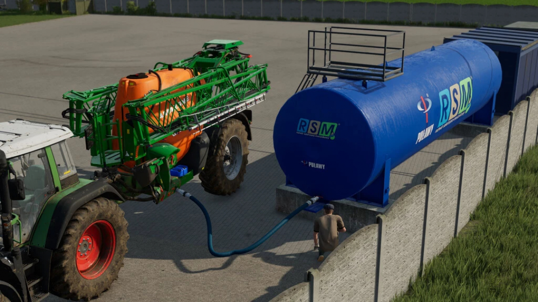 FS22 mod RSM Container v1.0.0.0 z niebieskim zbiornikiem, ciągnikiem i opryskiwaczem, Farming Simulator 22