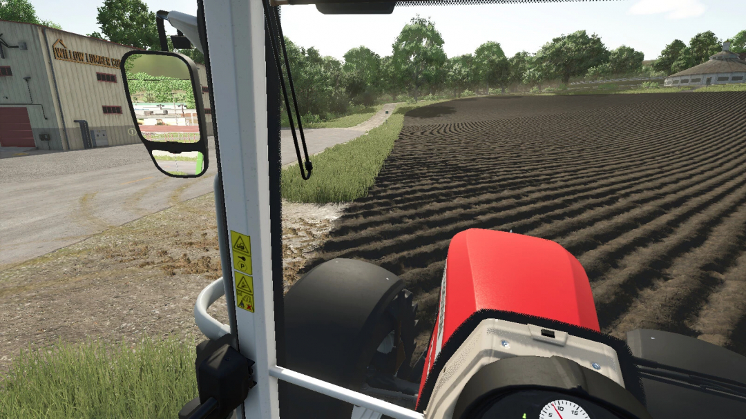 FS25 mod Realistic Cab View showing tractor interior with farm field, enhancing Farming Simulator 25 gameplay.