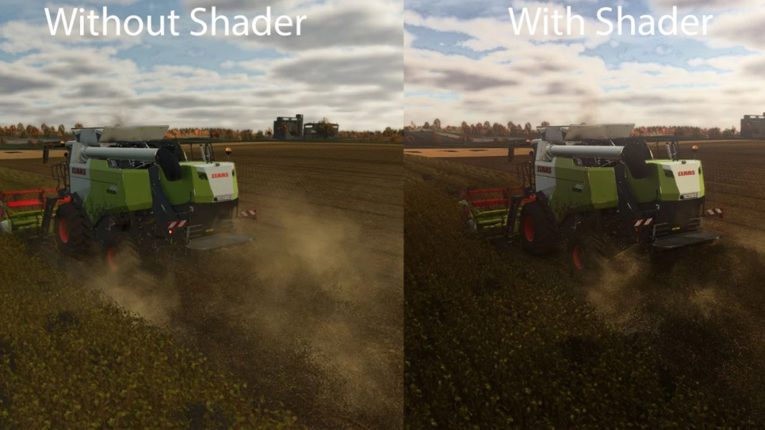 Comparison of FS25 mod Realistic RayTracing Reshade Preset on a combine harvester, without and with shader applied.