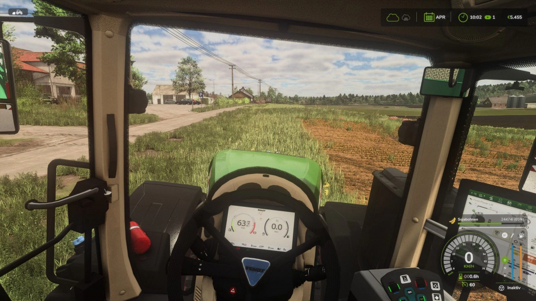 FS25 mods: Realistic RayTracing Reshade Preset v1.0.0.0 showing tractor interior and detailed dashboard.