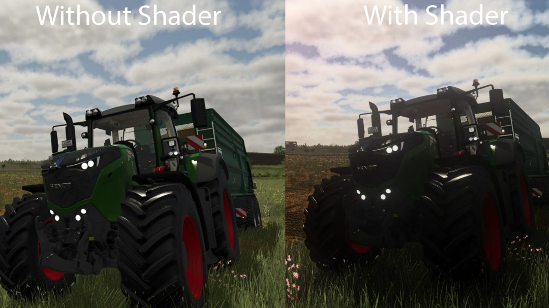 FS25 mod comparison of tractor with and without Realistic RayTracing Reshade Preset v1.0.0.0.