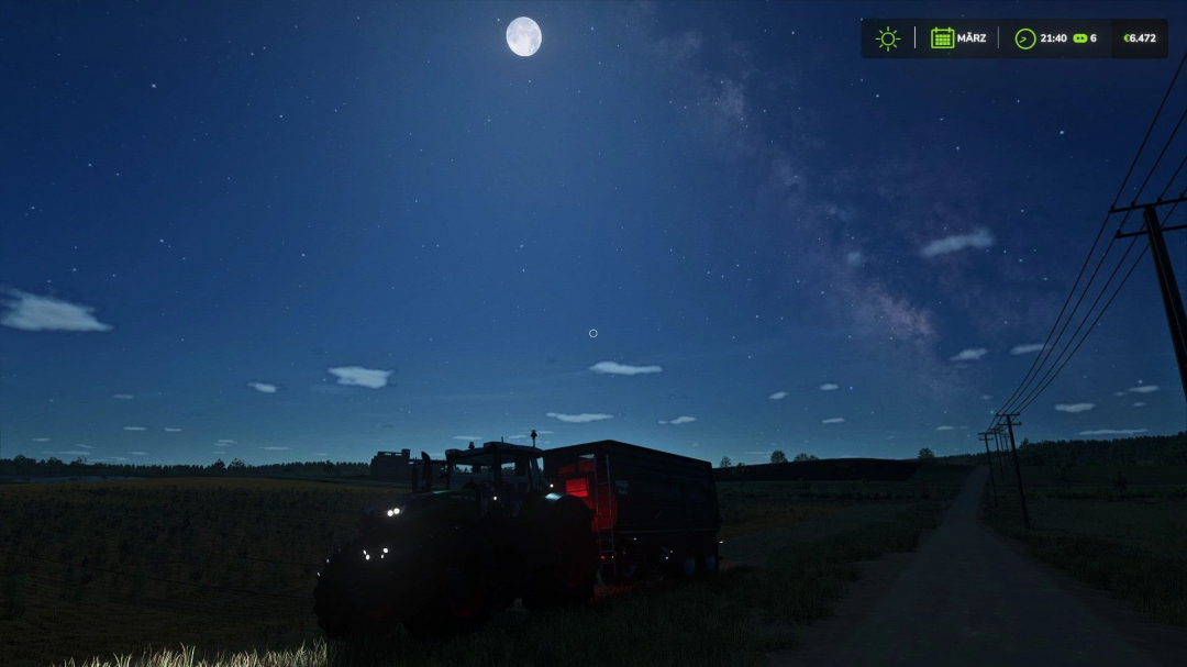 Night scene in FS25 with moonlit sky and tractor, using Realistic RayTracing Reshade Preset mod.