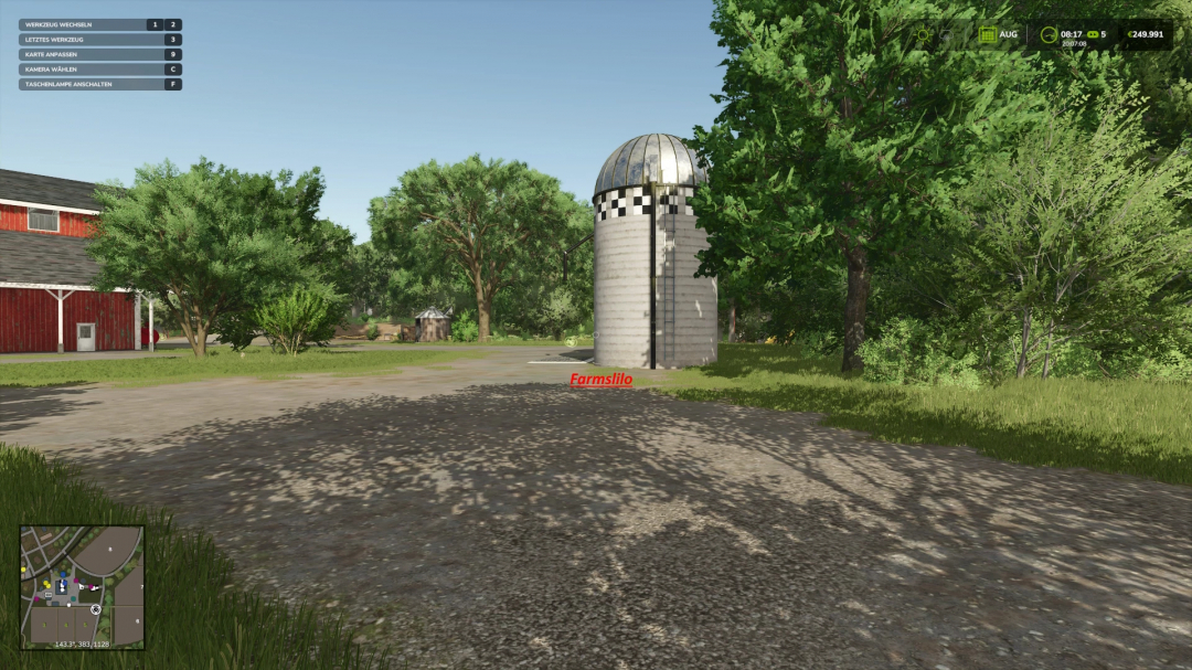 FS25 mods Riverbend Springs Map v1.0.0.0 showing farm silo amidst trees.