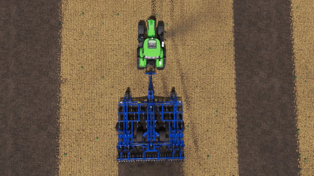 Top view of a green tractor using the Rolmako U436 HP mod in Farming Simulator 22, working on a field with parallel crop rows.