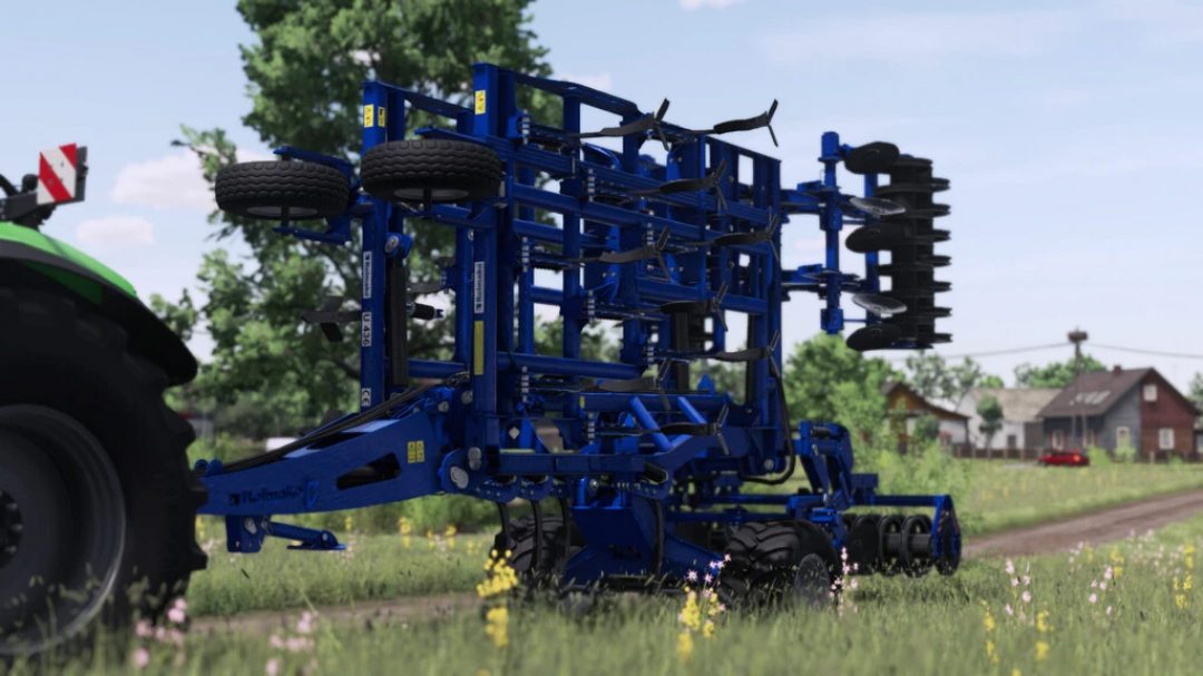 Rolmako U436 HP mod in FS22, showing blue agricultural equipment in a field setting.