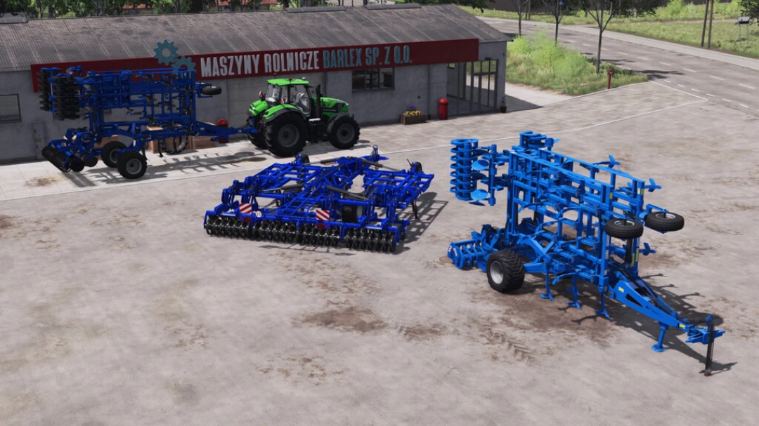 FS22 Rolmako U436 HP mod v1.0.2.0 featuring blue farm equipment parked outside a building.