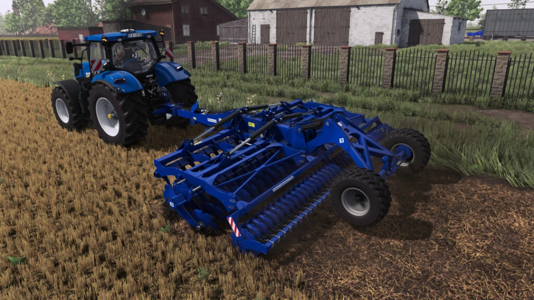 FS22 mod Rolmako U671 Standard v1.0.2.0 in action, showcasing a blue tractor pulling a plow on a farm in Farming Simulator 22.