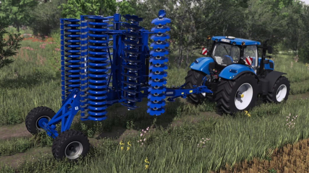 FS22 mod Rolmako U671 Standard v1.0.2.0 attached to a blue tractor in a field, enhancing Farming Simulator 22 experience.