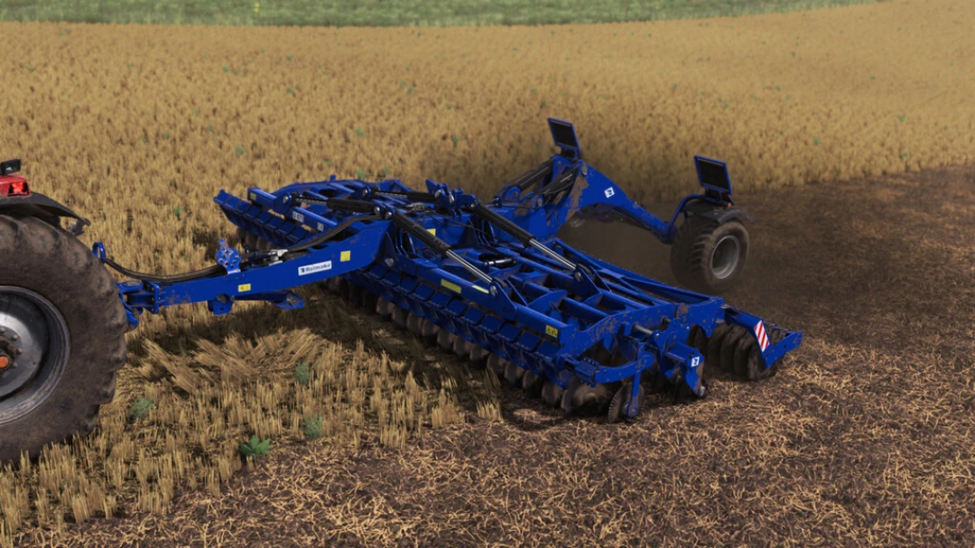 FS22 mod Rolmako U671 Standard v1.0.2.0 in use, showcasing a blue plow attached to a tractor in a field. Farming Simulator 22 mods.