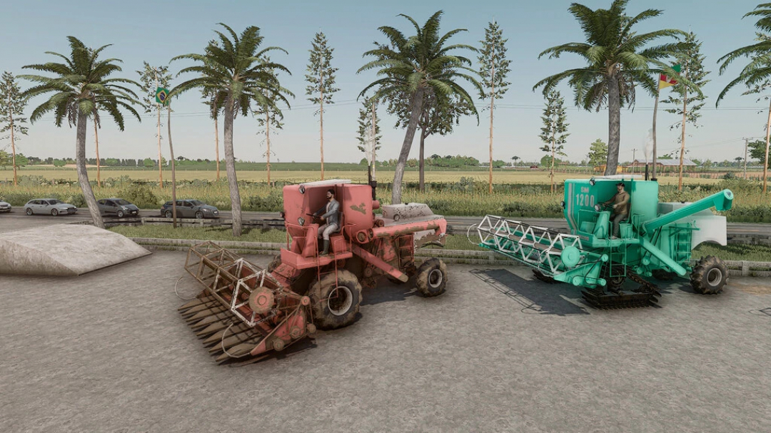 Duas colheitadeiras antigas no Farming Simulator 22 com mod SM 1200 estacionadas em solo de concreto, cercadas por palmeiras. Exibição de mods FS22.