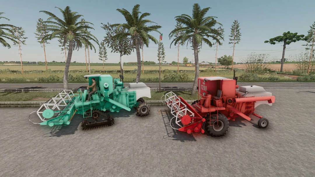 Mods Farming Simulator 22: Duas colheitadeiras SM 1200 v1.0.0.0, uma turquesa e outra vermelha, estacionadas em uma superfície de concreto.