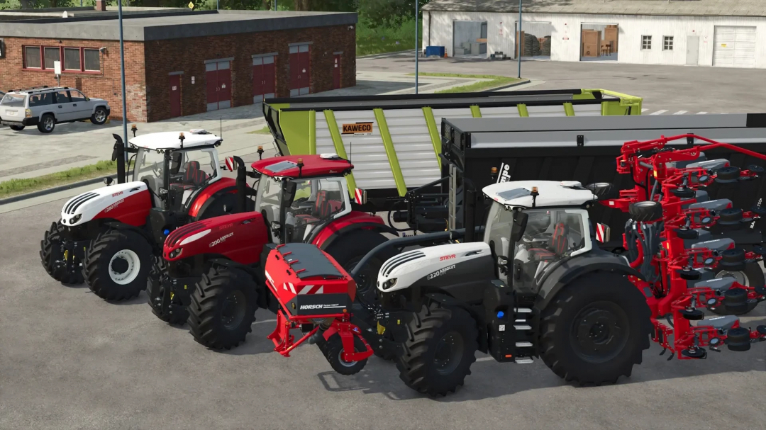 Three STEYR Absolut tractors in FS25 mod, parked with farming equipment.