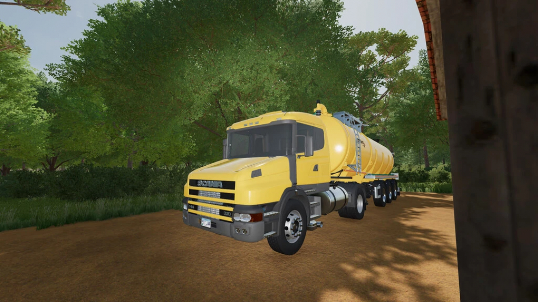 Camión Scania RJL amarillo mod para FS22 en un entorno forestal.