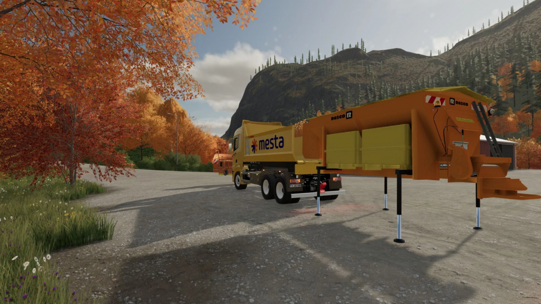 FS22 Scania R Series Pack mod z ciężarówką transportową na tle jesiennych drzew i gór w Farming Simulator 22.