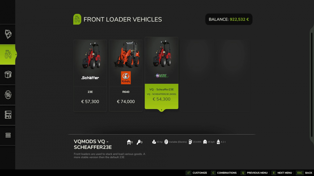 Menu de mods FS25 mostrando veículos carregadores frontais, com Scheaffer 23E Re-balanced por €54.300.