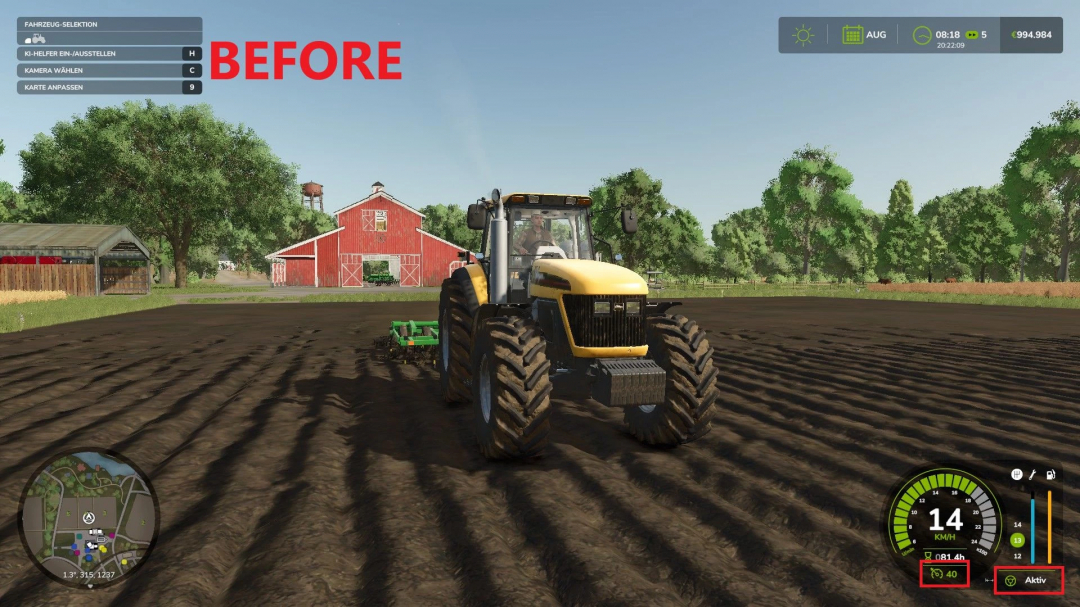 FS25 mod screenshot showing a tractor on plowed field with control options. A barn and lush trees are in the background.