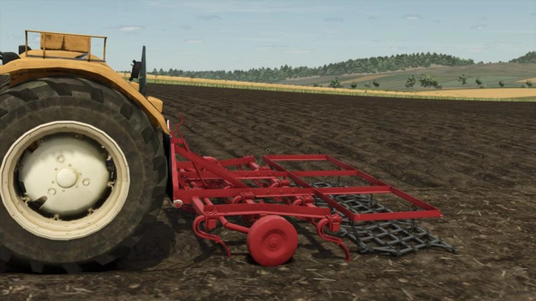 Selfmade Cultivator v1.0.0.0 mod in FS25, attached to a tractor in a plowed field, showcasing Farming Simulator 25 mods.