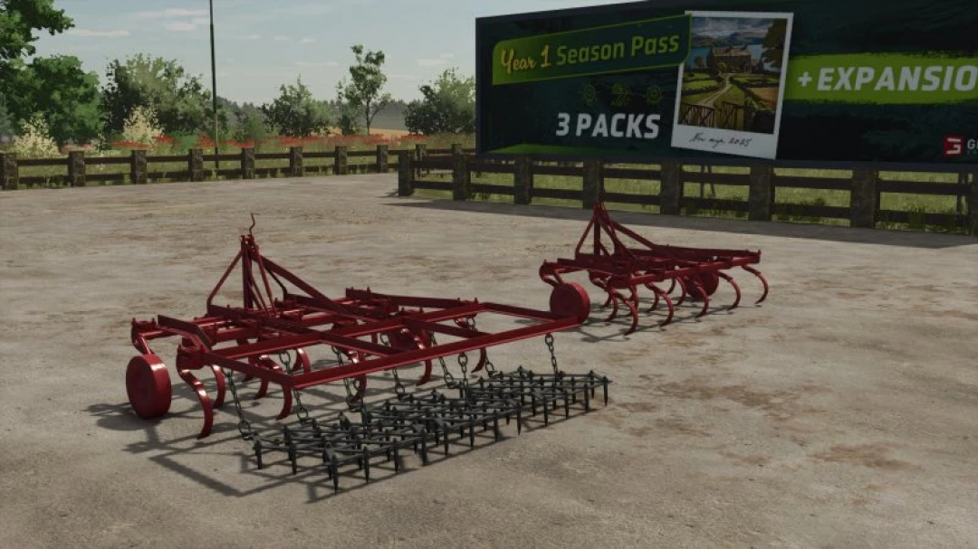 A red Selfmade Cultivator mod for FS25 in a farm setting. Farming Simulator 25 mods displayed with detailed metal framework.