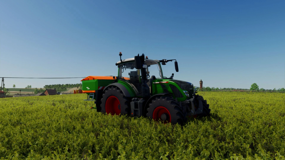 FS25 mod Shader v1.0.0.0 showing a green tractor in a lush field under a clear sky.