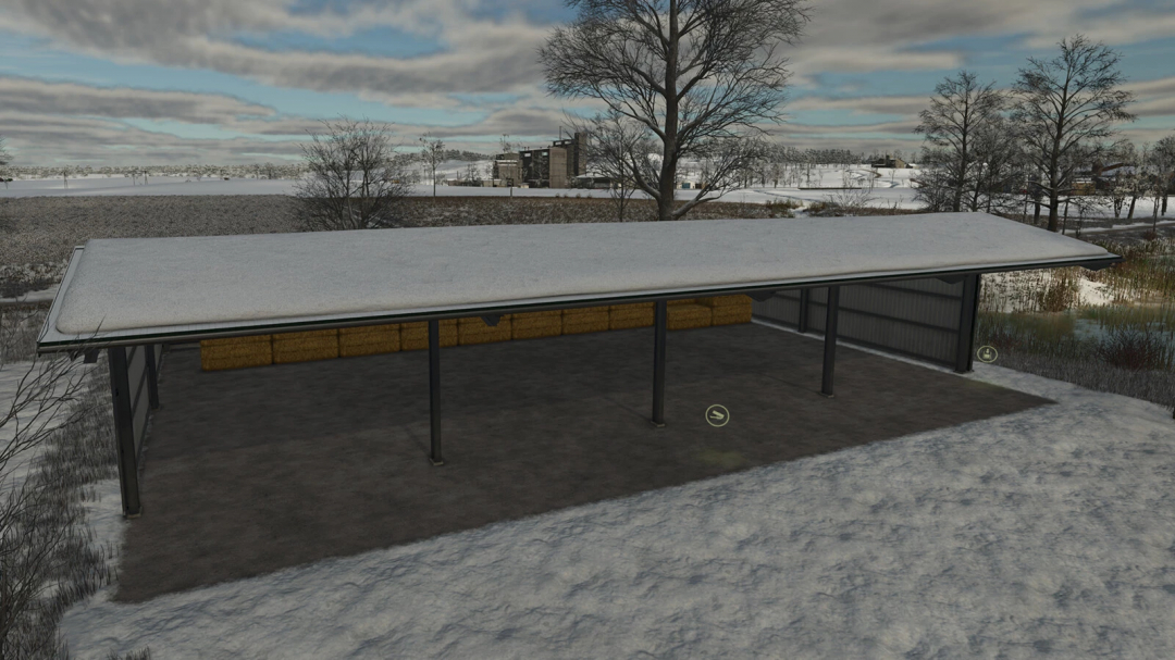 Mod FS25 Sheds and Storages v1.0.0.0 mostrando um galpão aberto nevado com fardos de feno.