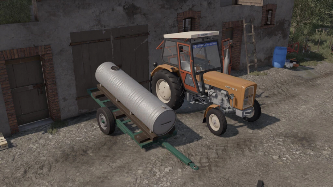 FS22 mod Slurry Barrel v1.0.0.0 featuring a tractor with a slurry tank on a farm.