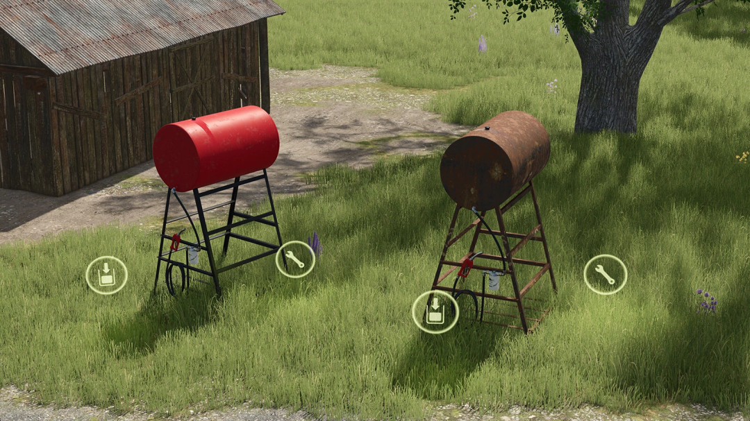 FS25 Small Gravity Fuel Tank v1.0.0.0 mod showing two tanks in a grassy yard, ideal for Farming Simulator 25 setups.