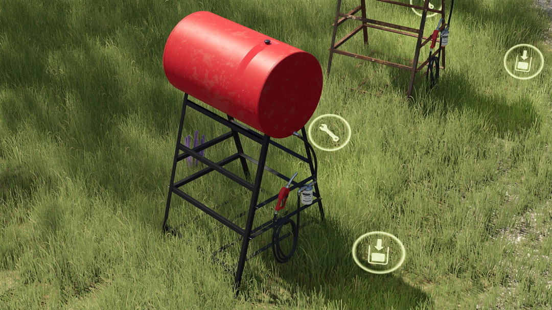 Small Gravity Fuel Tank mod for FS25, featuring a red cylindrical tank on a metal stand in a grassy field.