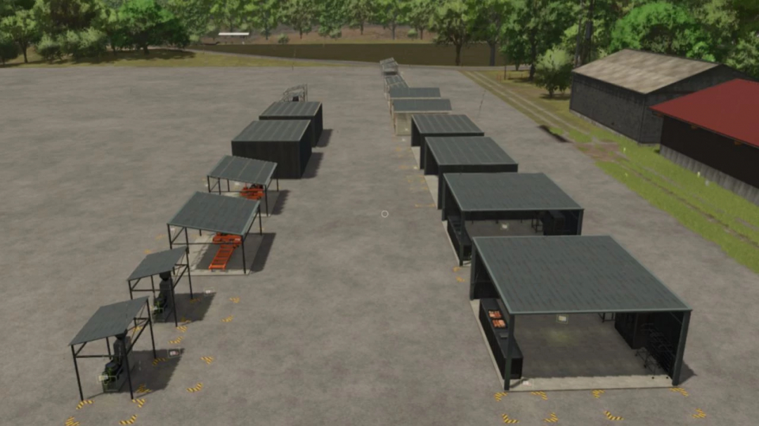 Aerial view of production buildings in Small Production Pack mod for FS25.