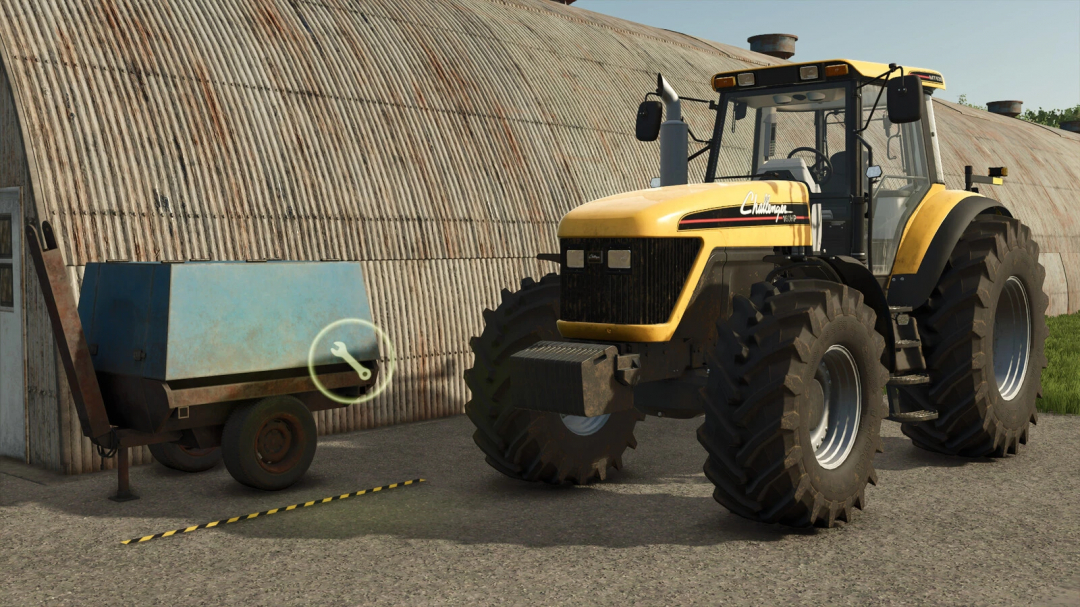 FS25-mod Small Stational Workshop Trailer v1.0.0.0 naast een grote tractor in Farming Simulator 25.