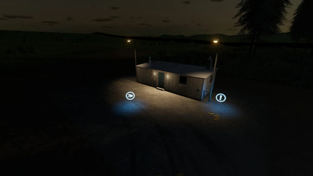 Mod FS22: Pequeña estación de venta de madera iluminada por dos farolas en Farming Simulator 22.