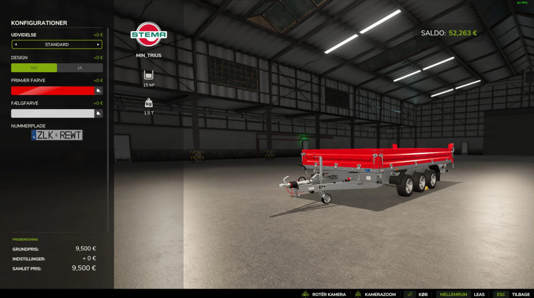 FS25 mods: Stema Trius high capacity fast unload trailer in customization menu, showcasing color options and settings.