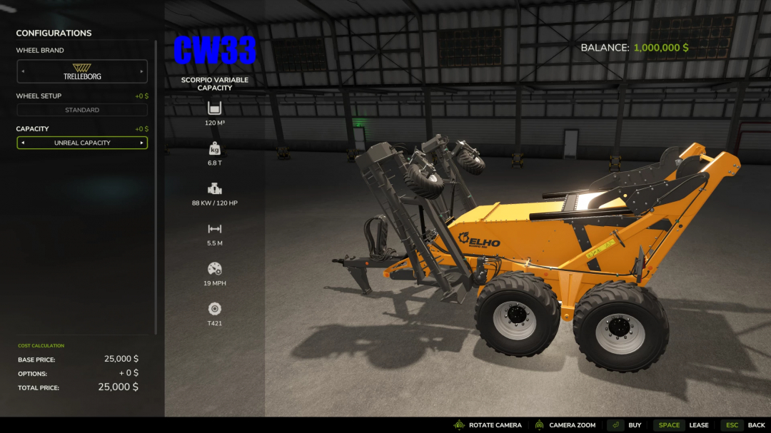 FS25 mod 'StoneCollector by CW33' showcasing configurable settings including unreal capacity in a warehouse setting.