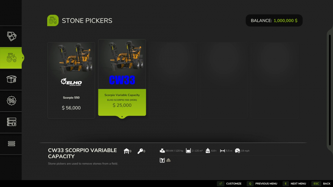FS25 mod menu shows Stone Pickers, including CW33 Scorpio at $25,000 and Elho Scorpio 550 at $56,000.