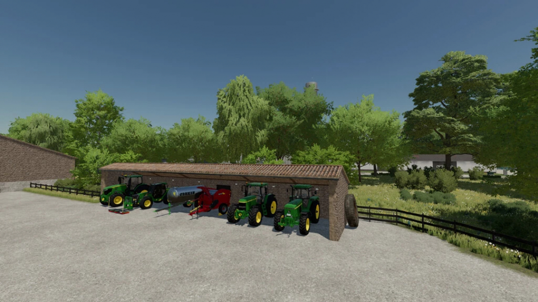 Obraz FS22 mody Stone Farm Pack 2 pokazujący traktory i sprzęt pod wiatą na farmie.