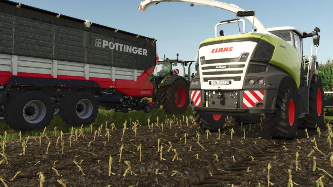 FS25 mod showing Claas harvester and Pöttinger trailer in a stubble field, part of Stubble Destruction BETA v2.0.