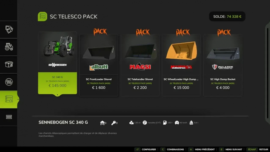 Mods FS25 Telesco Pack com equipamentos como Sennebogen SC 340 G e várias pás com preços.