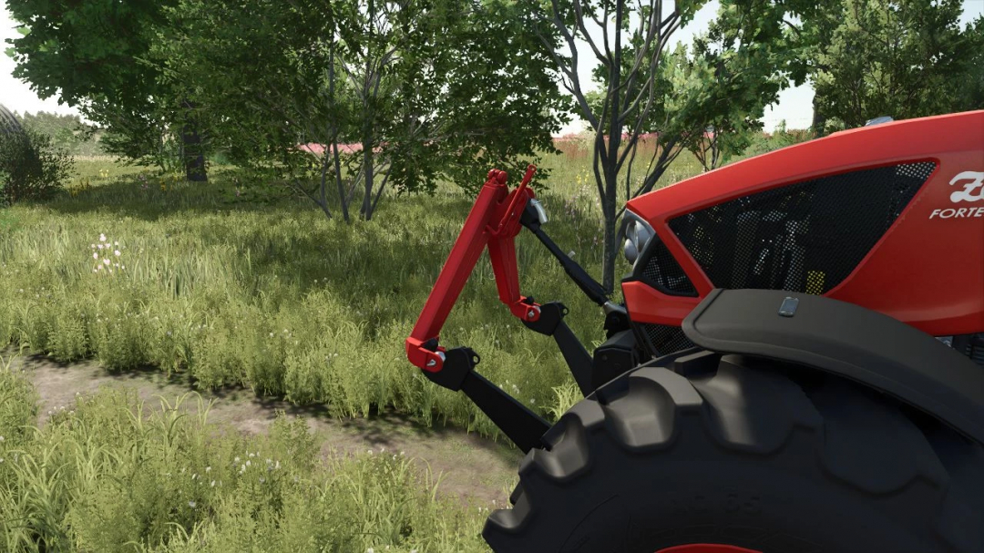 FS25 mod Tractor Triangle v1.0.0.0 showing red tractor in lush green setting, enhancing Farming Simulator 25 gameplay.