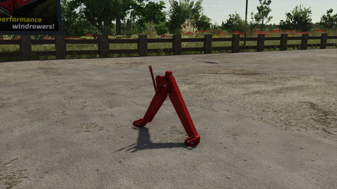 Red tractor triangle mod on a paved area in FS25, enhancing gameplay realism.