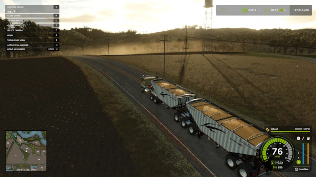 Mod FS25 TranstarII More Power v1.0.0.0 che mostra un camion che trasporta cereali su una strada di campagna.