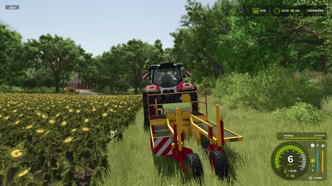 FS25 Tree Planter v1.0.0.0 mod in action, planting saplings beside a sunflower field.