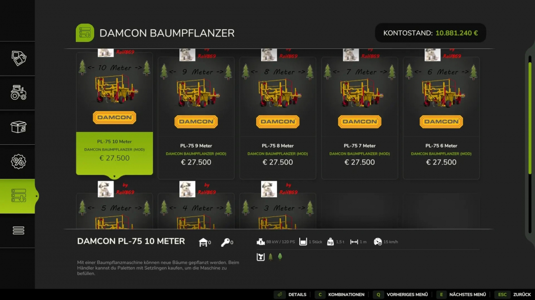 FS25 mods: Tree Planter v1.0.0.0 interface showing Damcon PL-75 models with prices and specifications.