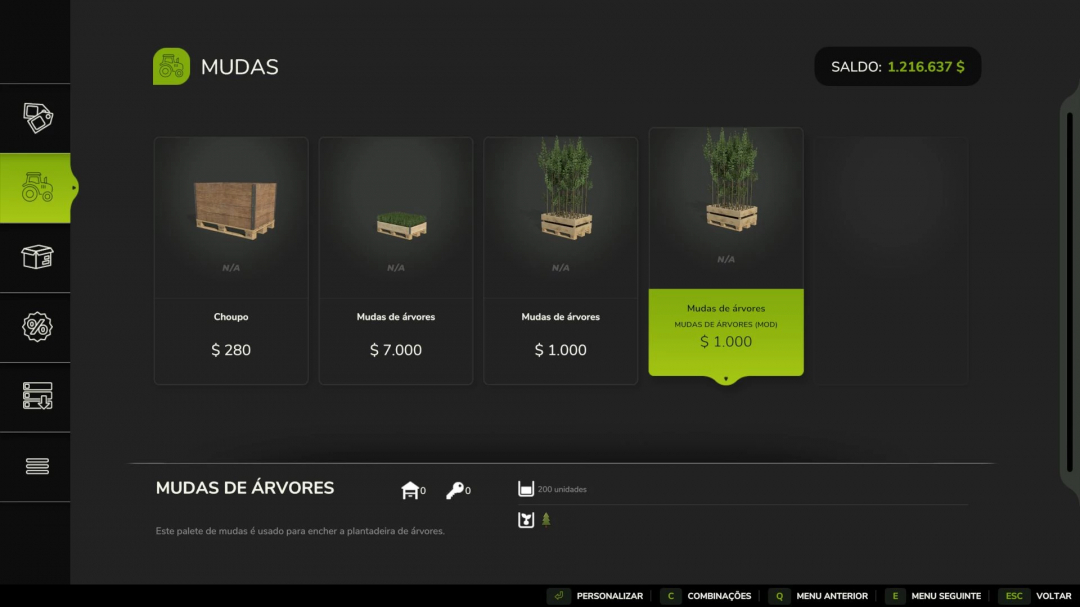 FS25 Tree Sapling mod v1.0.0.0 store page, featuring various saplings and prices such as Choupo for $280 and Tree Saplings mod for $1,000.