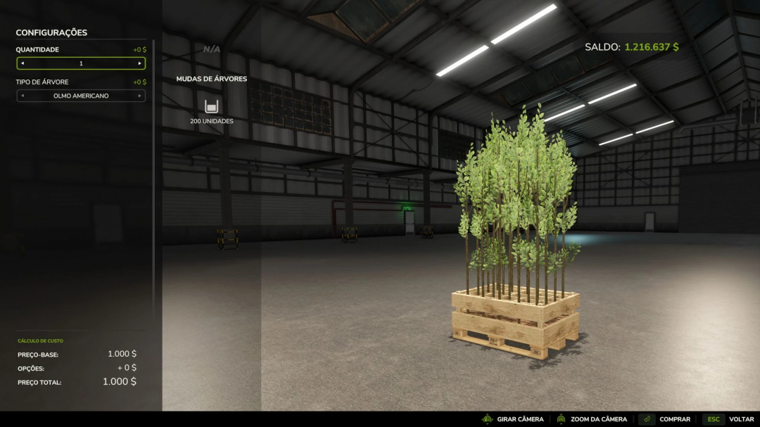 FS25 mod Tree Sapling v1.0.0.0 showing tree saplings on a pallet in a warehouse setting.