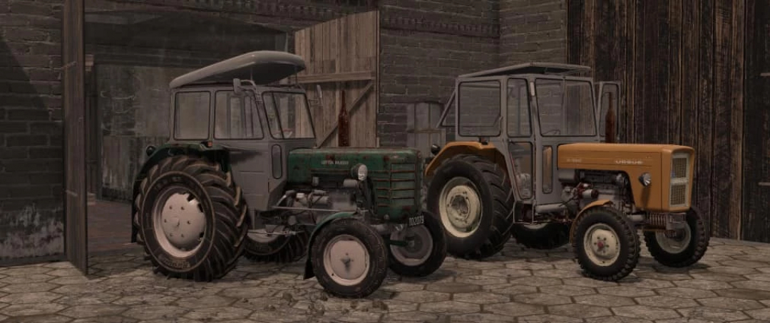 FS22 mods: Ursus c-4011 tractors in a rustic barn setting for Farming Simulator 22.