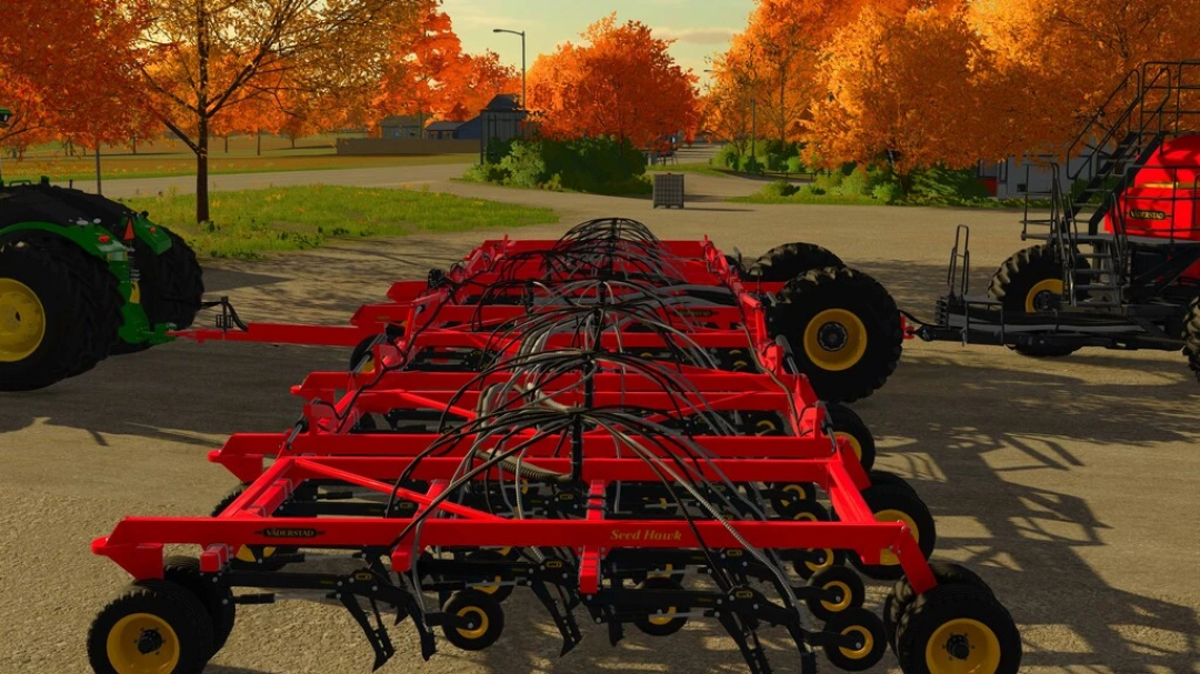 Mod Vaderstad Seed Hawk 84FT w FS22 z jesiennym tłem, prezentujący sprzęt rolniczy w Farming Simulator 22.