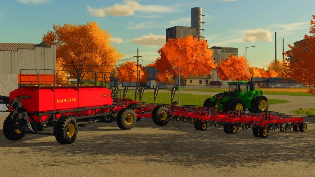 Obraz modyfikacji FS22 przedstawia Vaderstad Seed Hawk 84FT w Farming Simulator 22, z jasnoczerwonym sprzętem w jesiennej scenerii farmy.