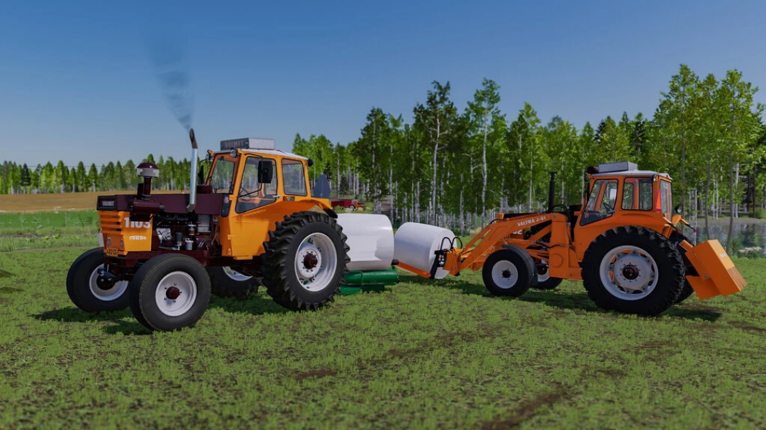 FS22 mods - Due trattori Valmet 1102 in un campo, uno con caricatore frontale e balle, nel mod Farming Simulator 22.