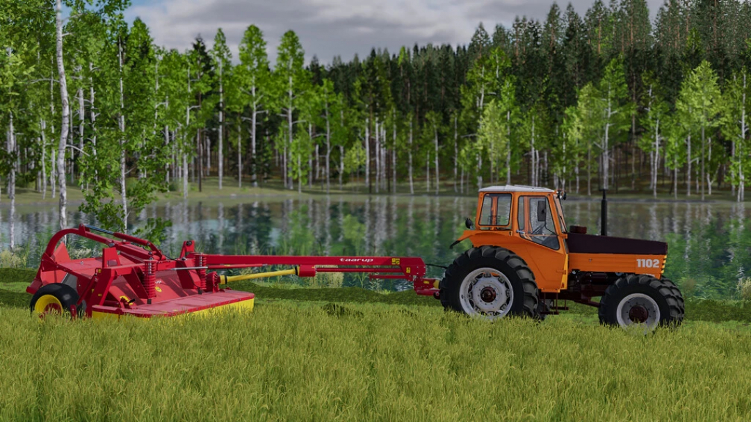 Mod FS22 Valmet 1102-1103 trattore in un paesaggio scenico con alberi e lago, mostra dettagli della simulazione agricola.